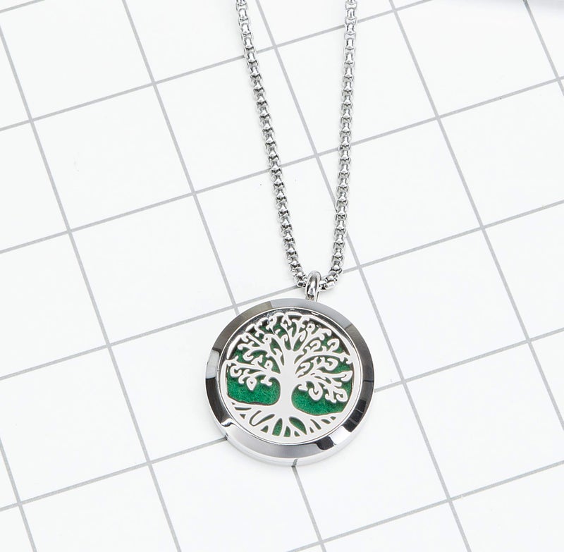 GFONDINGD Aromatherapy Essential Oil Diffuser Necklace Tree of Life Pattern Stainless Steel Locket Pendant - Image 4